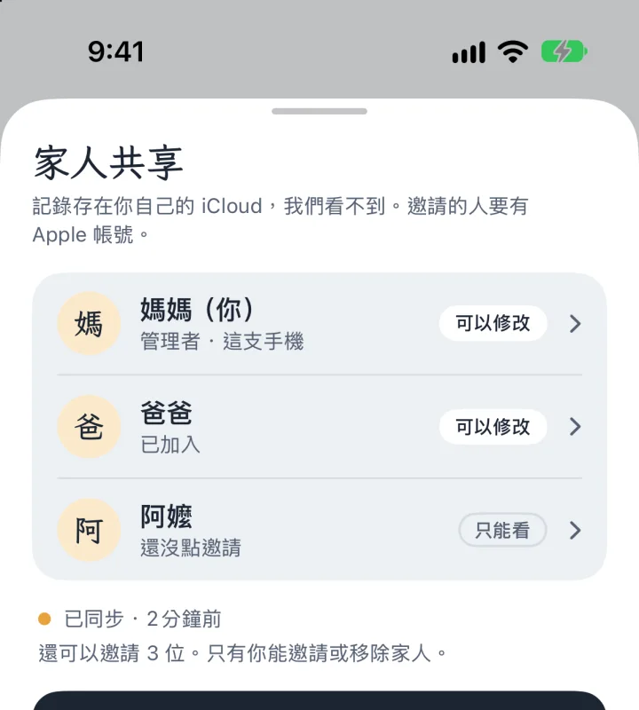 家人共享：媽媽、爸爸、阿嬤，以及每個人能不能修改。